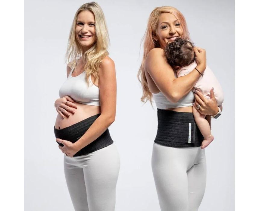 Belly Bands Pregnancy Pregnant woman wearing belly band and mother holding baby, showcasing 3-in-1 pregnancy support and postpartum recovery.