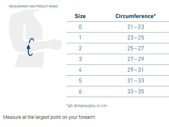 EpiTrain Elbow Brace size chart with forearm circumference measurements.