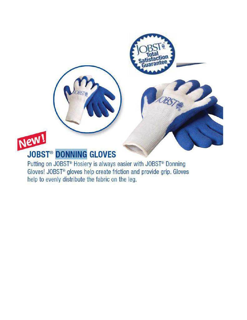 Blue latex-coated compression stocking donning gloves for improved grip and protection.