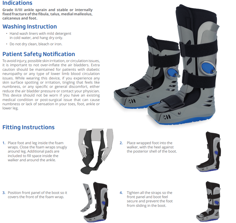 Low walking boot with air chambers, cushioned rocker sole, and shock absorption for stability and comfort.