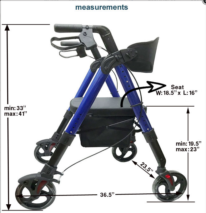 Aluminum Folding Bariatric Rollator with adjustable handles and seat, integrated padded seat, and 8" PVC wheels for heavy-duty use.
