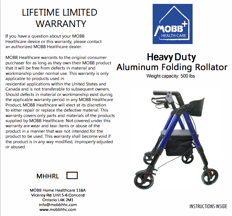 Aluminum Folding Bariatric Rollator, heavy duty, easy assembly, aluminum construction, folds flat, adjustable hand grips and seat, padded seat and backrest, 8" PVC wheels, 500 lbs capacity, black.