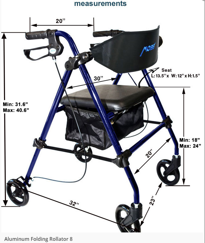 Aluminum Folding Rollator with 8" wheels featuring height-adjustable handgrips, sling backrest, and integrated padded seat.