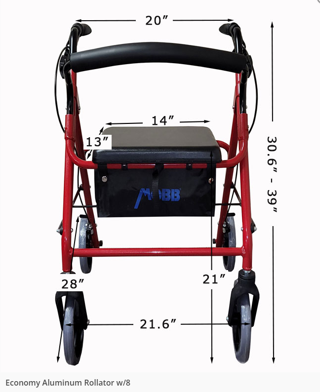 Economy Aluminum Rollator with 8" wheels, lightweight, adjustable hand grips, and padded seat.