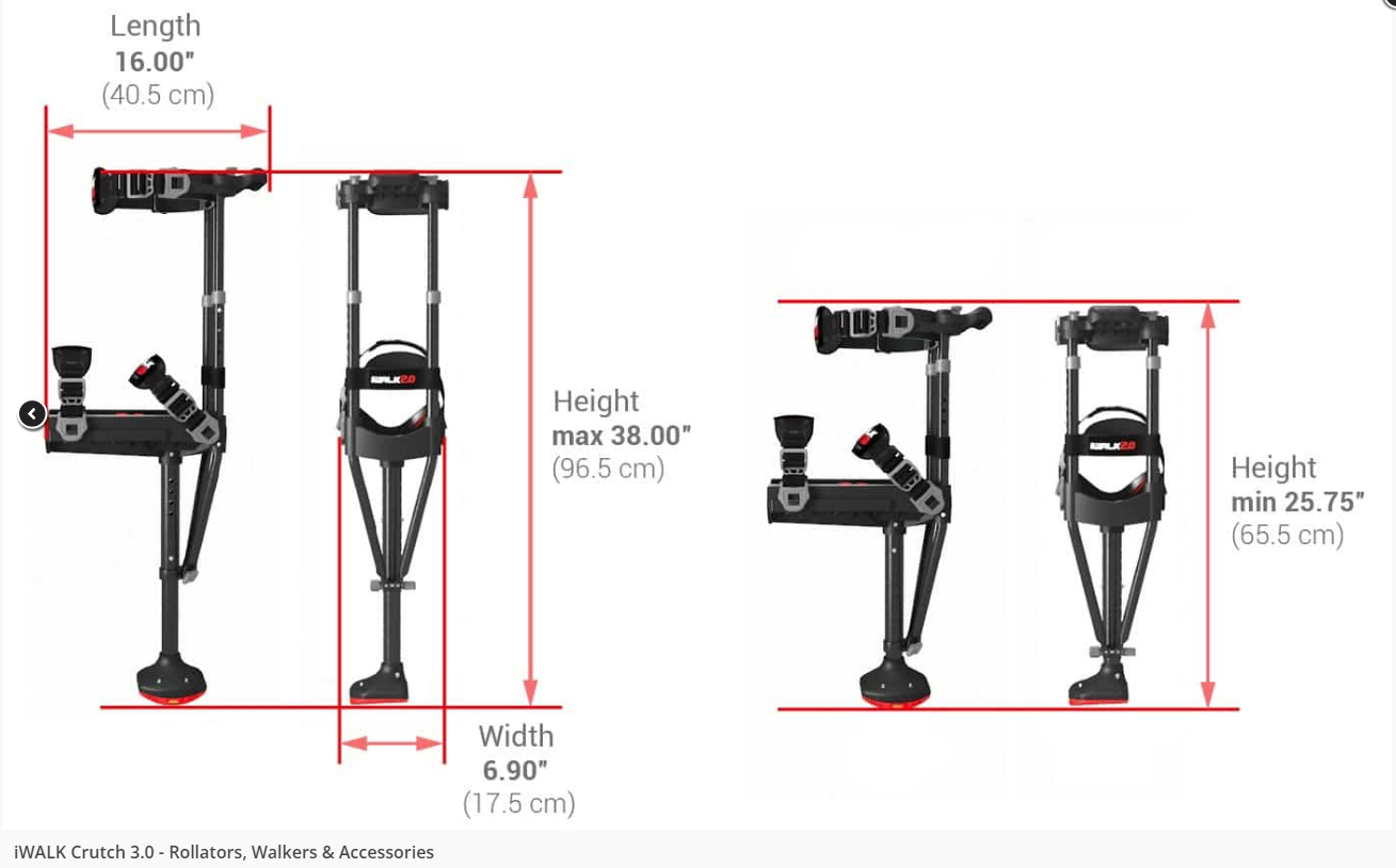 iWALK Crutch 3.0 dimensions and adjustable design for hands-free mobility.