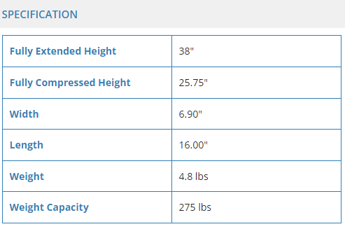 iWALK Crutch 3.0 specifications table showing dimensions, weight, and weight capacity.