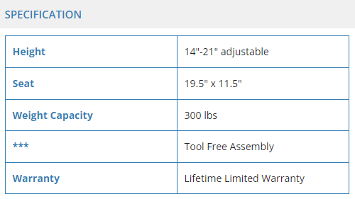 Bath Chair without Back, adjustable height 14”-21”, 300 lbs capacity, tool-free assembly.