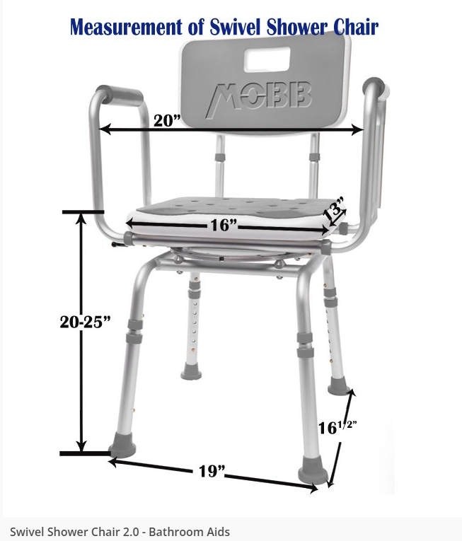 Swivel Shower Chair 2.0 with adjustable height, padded seat, and removable arms.