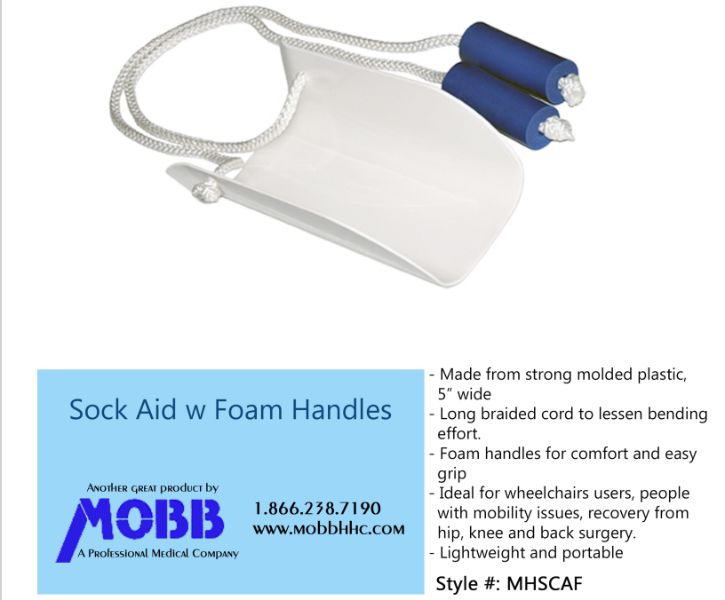 Sock Aid with foam handles, strong molded plastic, long braided cord, ideal for mobility assistance, lightweight and portable.