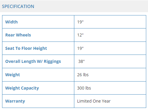 Lightweight Transport Chair specifications chart detailing dimensions, weight, and features.