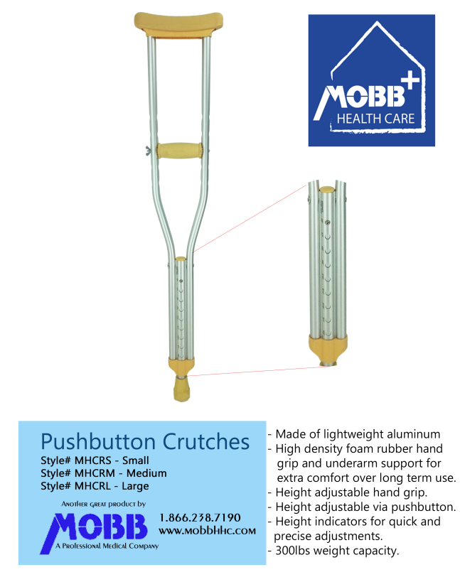 Pushbutton Crutches with adjustable height, lightweight aluminum, foam rubber grip, underarm support, and 300lbs weight capacity.