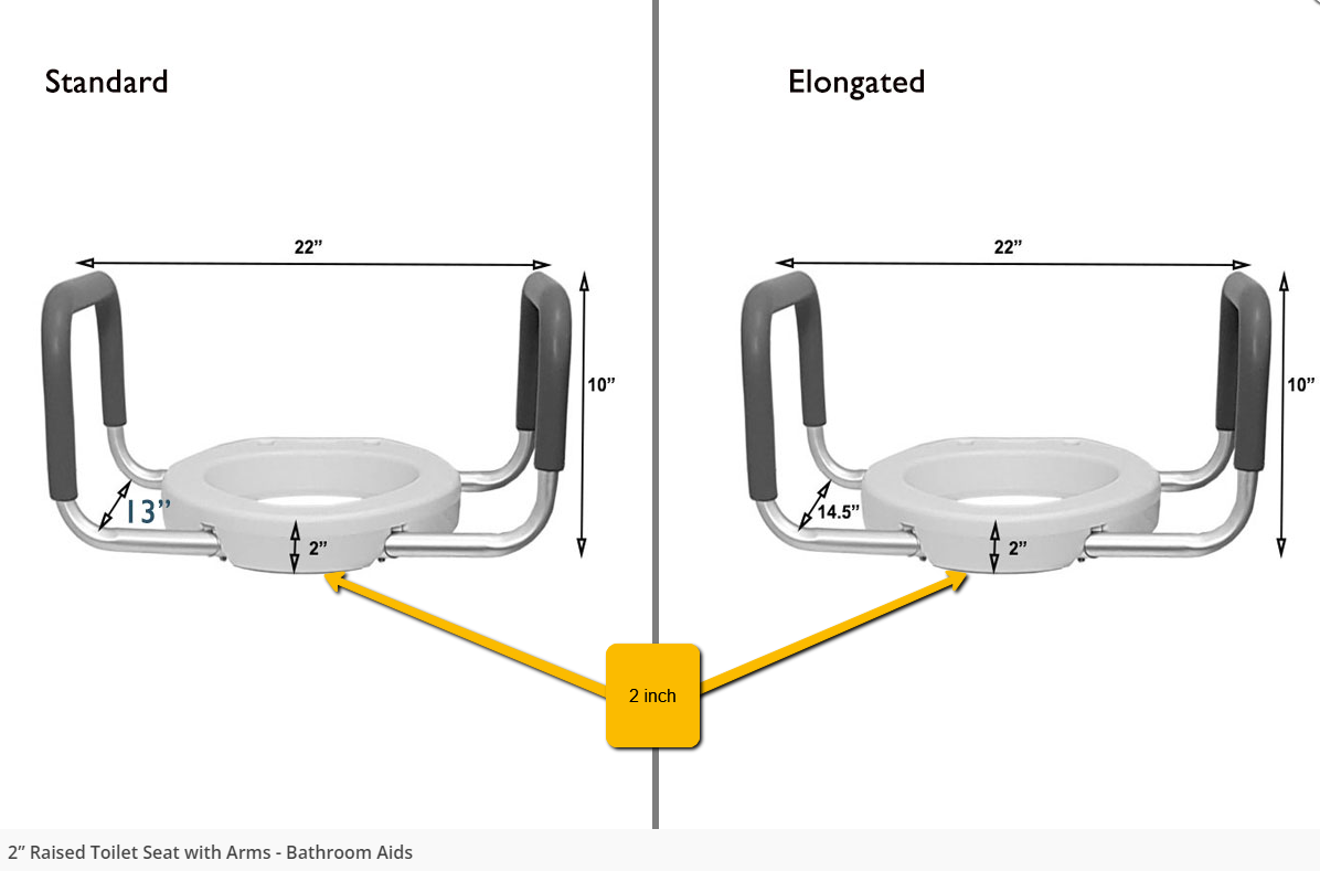 Raised toilet seat with arms, adjustable height, padded arms, easy installation, no tools required.