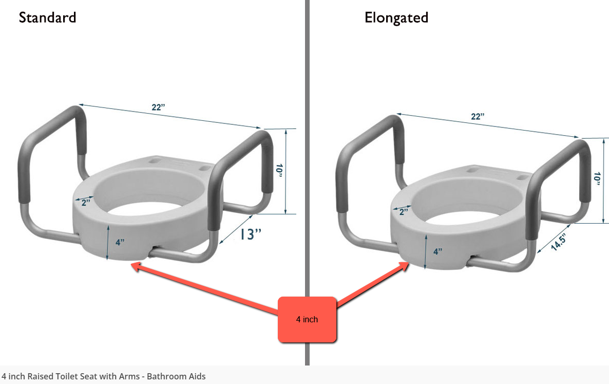 Raised toilet seat with removable padded arms for stability and comfort, available in standard and elongated options.