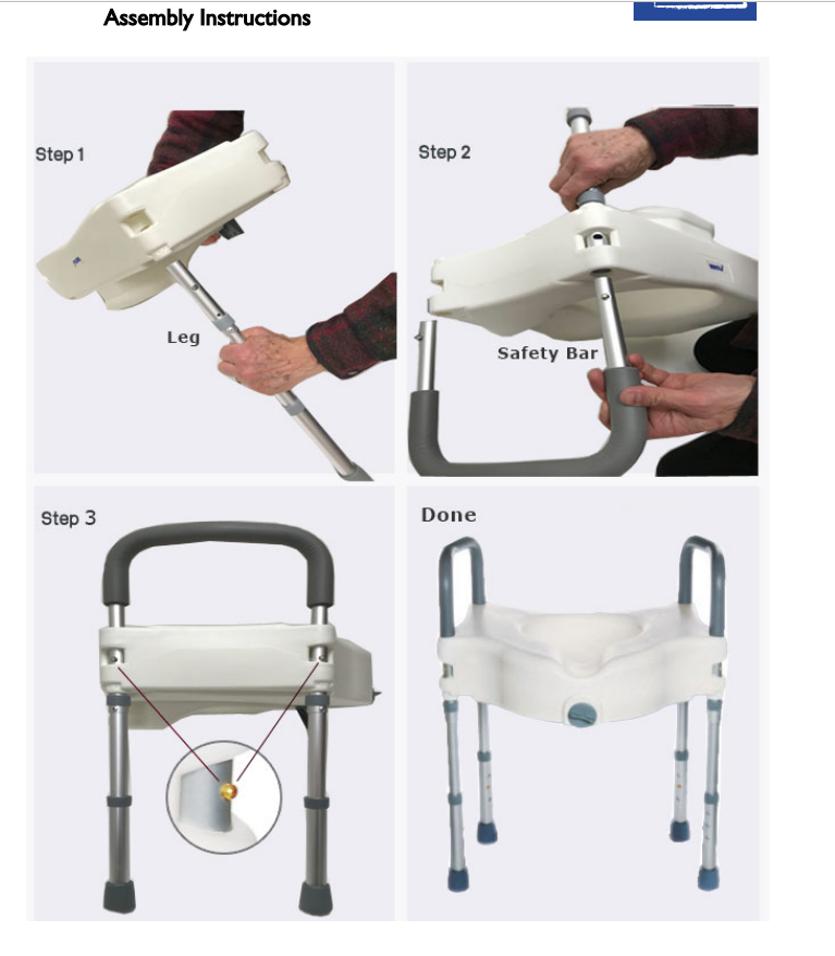 Raised toilet seat with legs, featuring foam rubber handles, adjustable height, and tool-free assembly.
