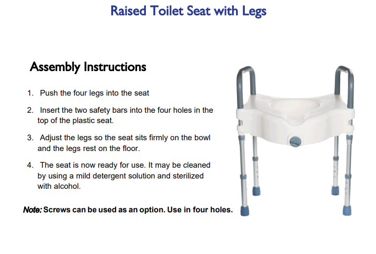 Raised toilet seat with legs, featuring height adjustability, front twist clamp, and foam rubber handles for stability and grip.