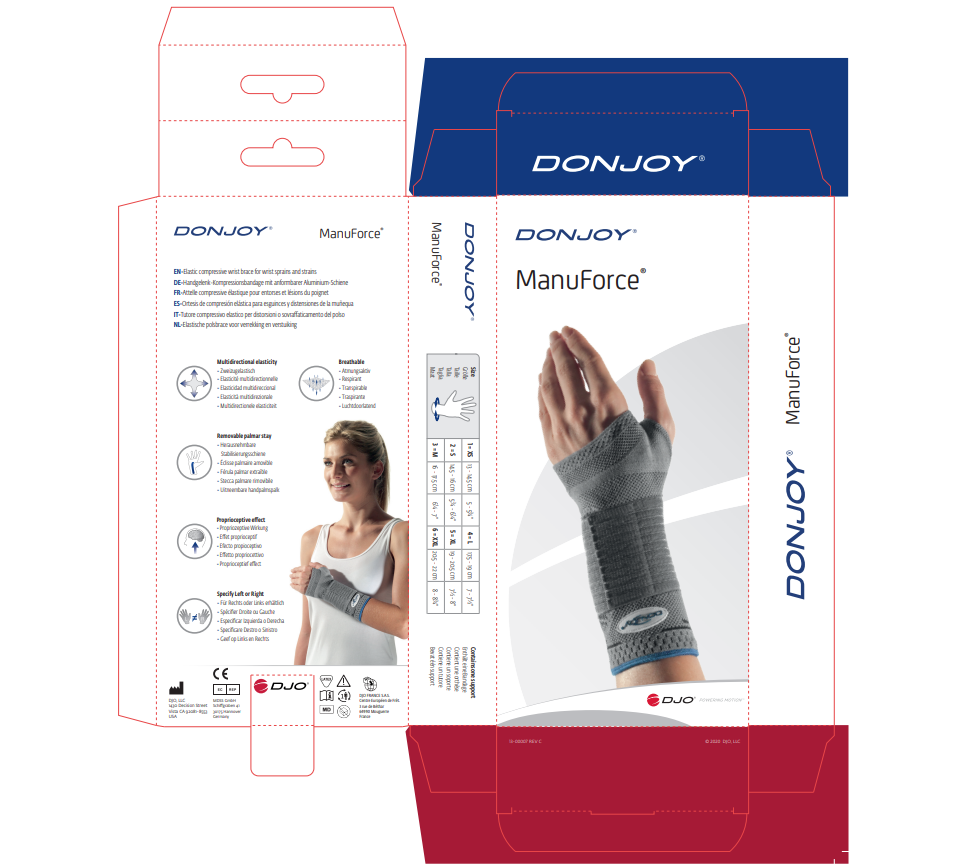 DonJoy ManuForce Elastic Wrist Support packaging with gray knitted wrist brace, showcasing compression, stability, and breathable design.