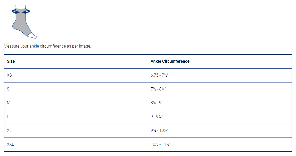 DonJoy AchilloForce Air Ankle Support size chart with ankle circumference measurements for sizes XS to XXL.