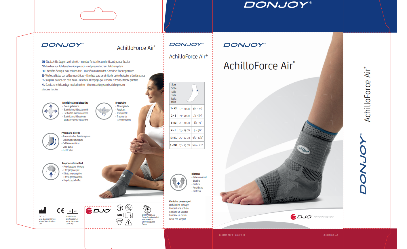 DonJoy AchilloForce Air Ankle Support packaging displaying ankle support in use, highlighting 3D contoured knit and pneumatic air cells.