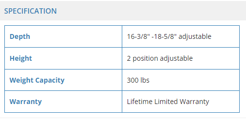 Ez Grip Bed Rail specifications chart detailing depth, height, weight capacity, and warranty.