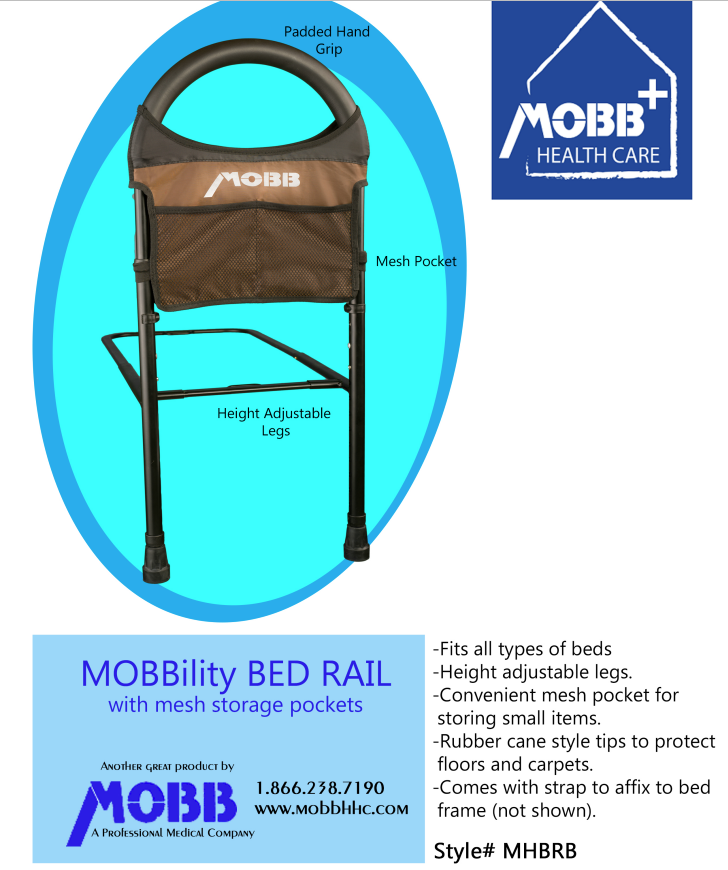 MOBBility Bed Rail with adjustable legs and mesh storage pockets.