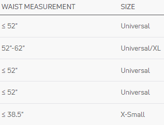 Size chart for waist measurements with categories: Universal, Universal/XL, and X-Small, DELUXE SLING SHOULDER