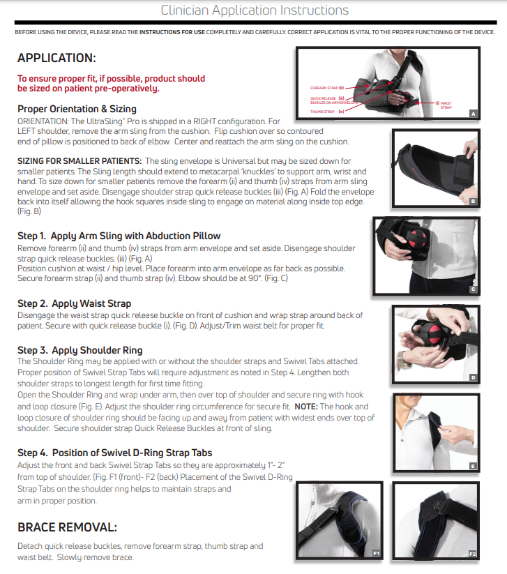 Arm and shoulder support instructions for ULTRASLING® PRO application and removal.