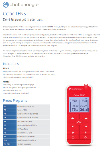 Cefar TENS and NMES muscle stimulator for pain management and neuro muscular stimulation.