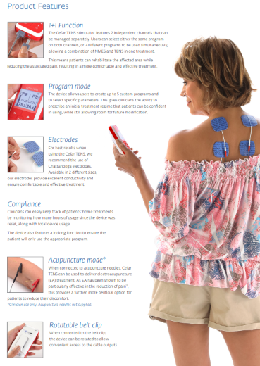 CEFAR TENS muscle stimulator with dual channels for pain management and neurostimulation.