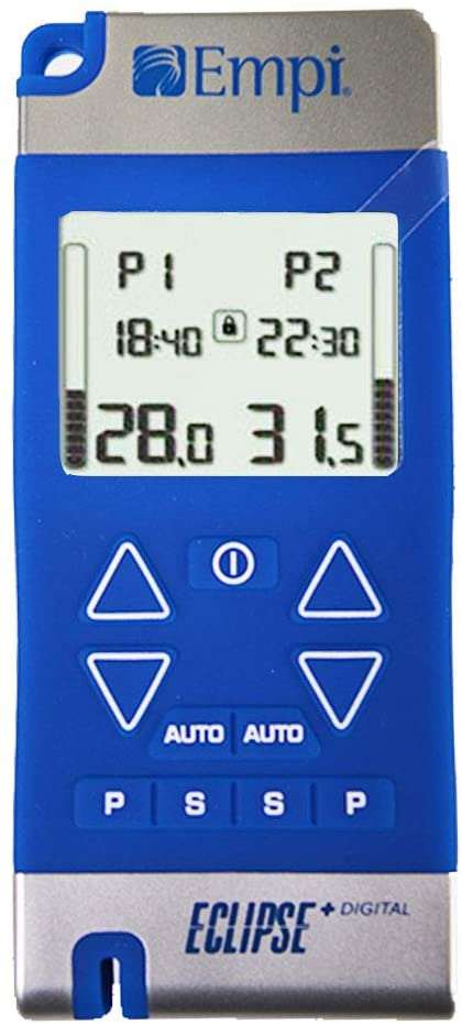 TENS MACHINE ECLIPSE + machine with digital display and control buttons.