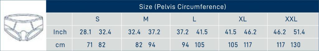 Boxer Hernia Brief Size Chart - Pelvis Circumference in Inches and Centimeters, Sizes S to XXL