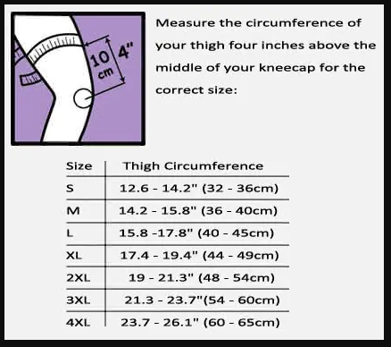 Artemis Multi-centric Hinges Knee Brace sizing chart for accurate fit based on thigh circumference above kneecap.