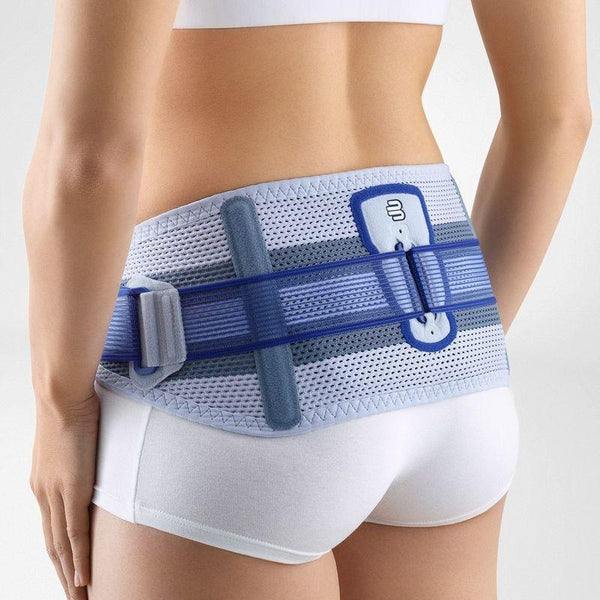 SacroLoc Back Brace providing lumbar support and pressure relief for sacroiliac joint syndrome.