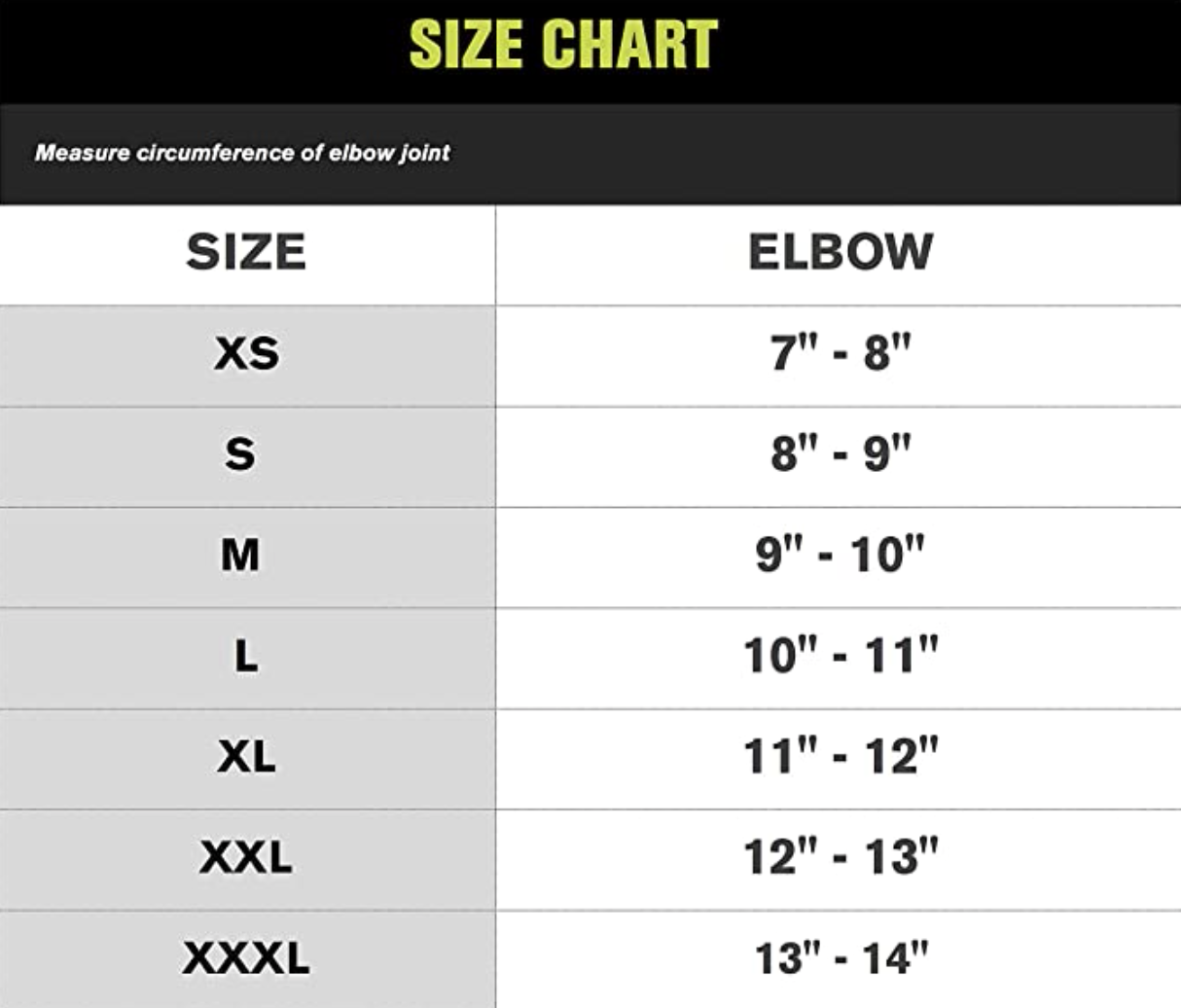 Size chart for DONJOY Spider Pad™ Elbow showing XS to XXXL measurements in inches.
