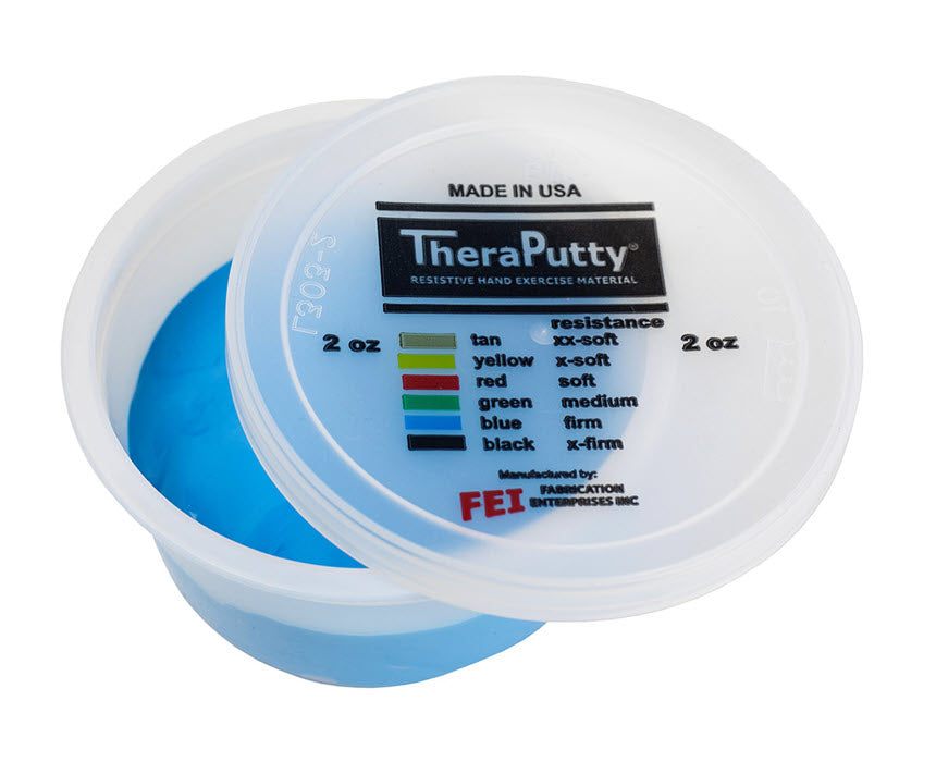 Hand Putty Theraputty in open plastic container showing blue resistive exercise material.