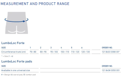 Measurement and product range for LumboLoc Forte Back Brace showing sizes and order numbers.
