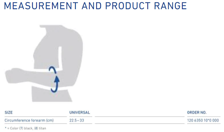 EpiPoint Elbow Brace size chart showing forearm circumference from 22.5 to 33 cm, universal fit.