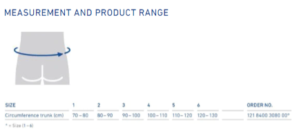 Measurement chart for LumboLoc Back Brace sizes with trunk circumference range and order number.