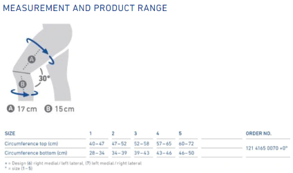 Measurement and product range for GenuTrain P3 Knee Brace.