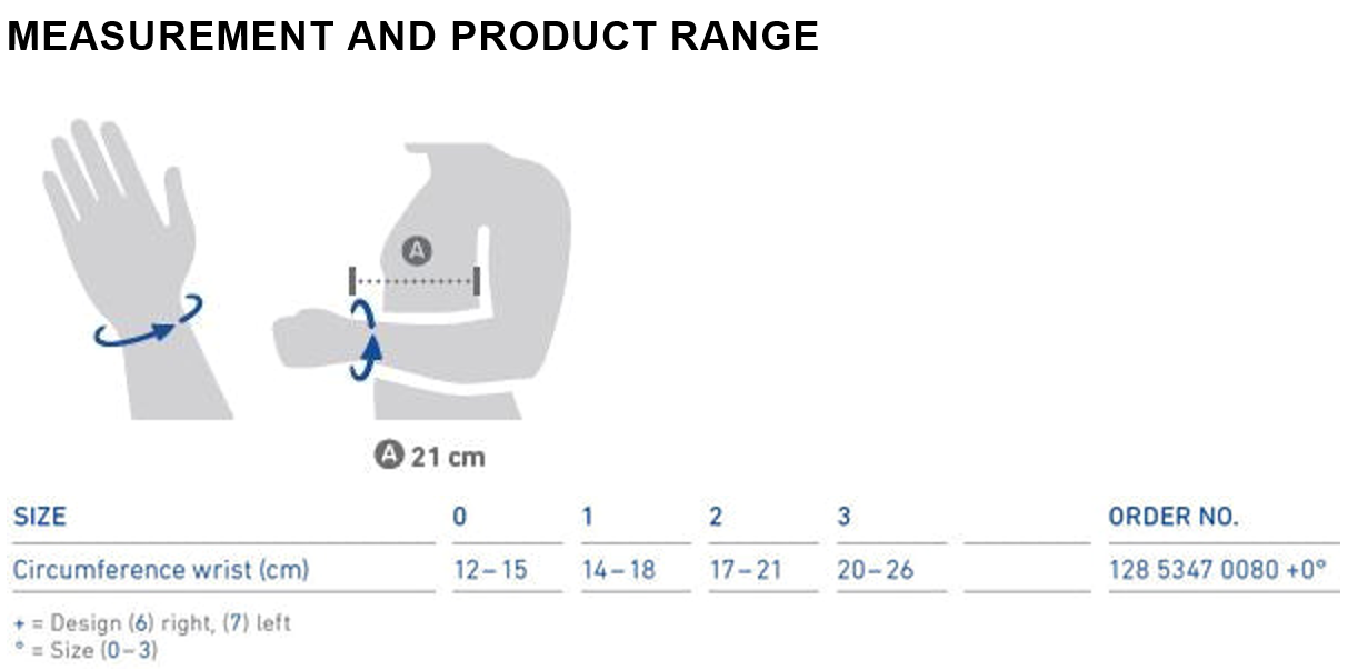 Measurement guide for ManuLoc Rhizo Long Wrist & Thumb Brace showing wrist circumference sizes from 12-26 cm.
