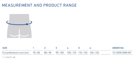 Measurement chart for LordoLoc Back Brace sizes ranging from 70 cm to 130 cm trunk circumference.