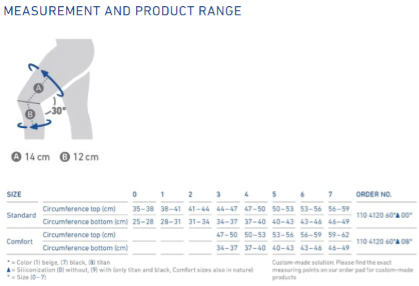 Measurement chart for Bauerfeind GenuTrain Knee Brace, showcasing standard and comfort size ranges for top and bottom circumference in centimeters.