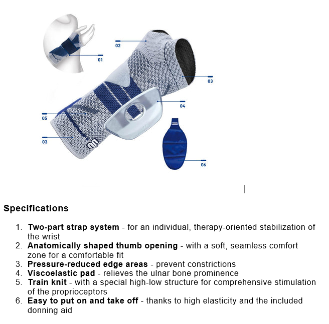 Bauerfeind ManuTrain wrist brace with adjustable two-part strap system for stabilization and mobility.