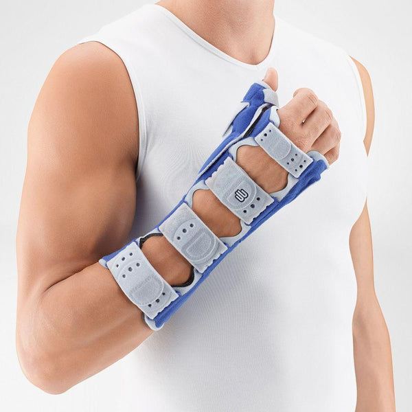 Wrist & Thumb Brace in blue, providing immobilization and support for the wrist and thumb, worn by a model.
