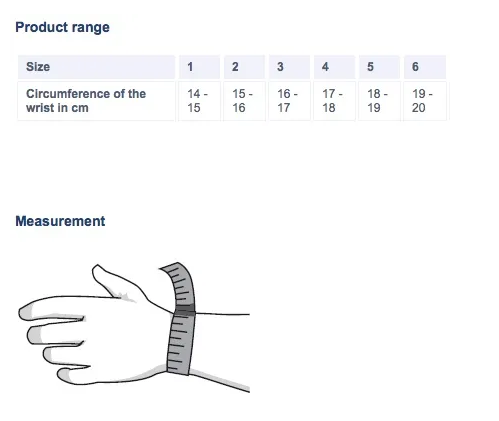 Bauerfeind ManuTrain wrist brace size chart and measurement guide.