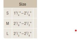 Sizing chart for Actimove Rhizo Forte Thumb Orthosis.