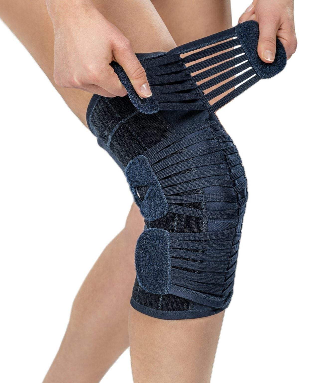 Knee brace support with adjustable straps and breathable fabric for stability.