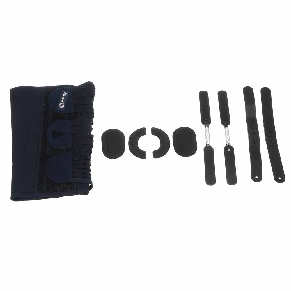 Knee brace components for patella stabilization and support.