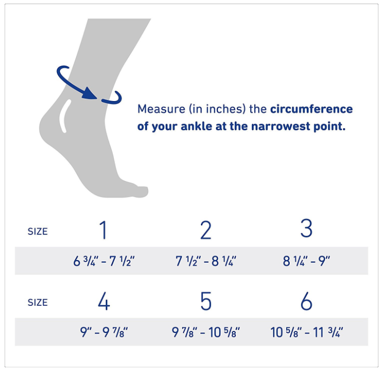 AchilloTrain Ankle Brace measurement guide showing ankle circumference in inches for sizes 1 to 6.