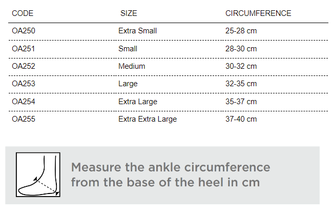 Ortholife Total Stability Ankle Brace with Strap, durable nylon, elastic cuff, bilateral plastic stays, lace-up design, size chart included.