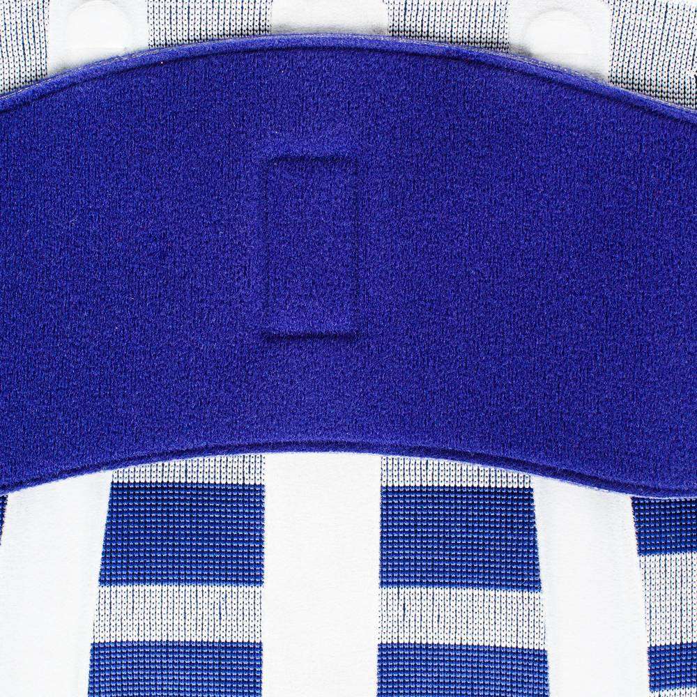 LumboLoc Forte Back Brace with blue and white striped design, providing lumbar support and adjustable compression for pain relief.